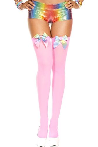 4645 Rainbow satin bow opaque thigh hi