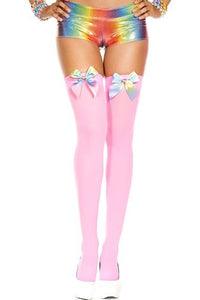 4645 Rainbow satin bow opaque thigh hi